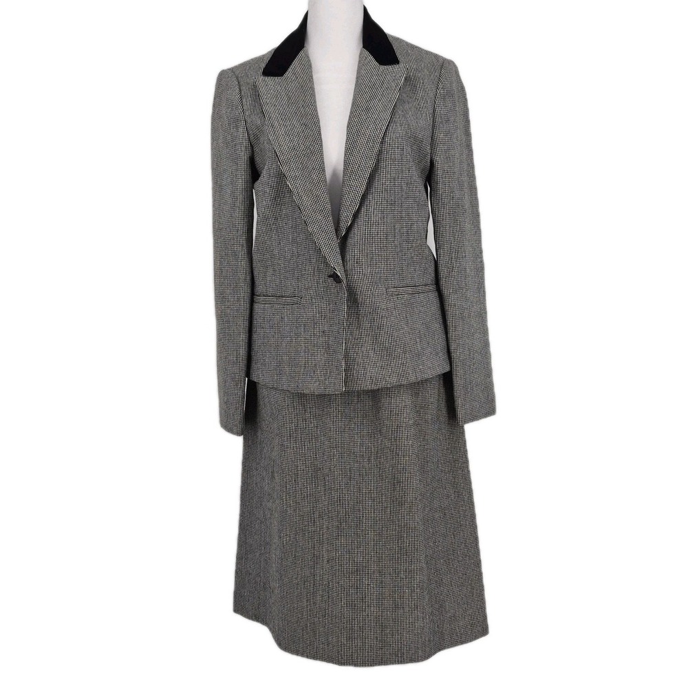 Vintage Russ Togs Women's Houndstooth Skirt Suit Blazer Black White Velvet Sz 6